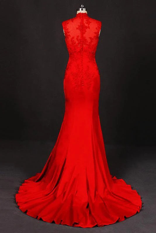 Side view of the satin maxi dress with appliques and Bardot neckline.