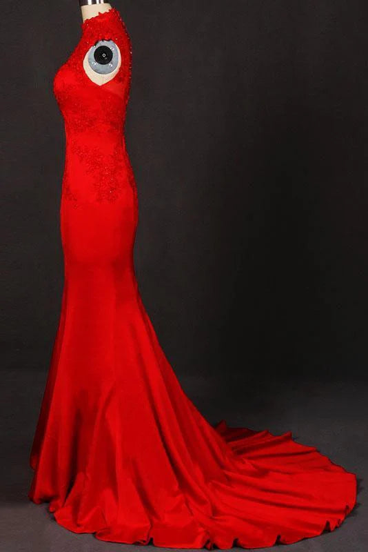 Back view of the sleeveless satin evening gown.