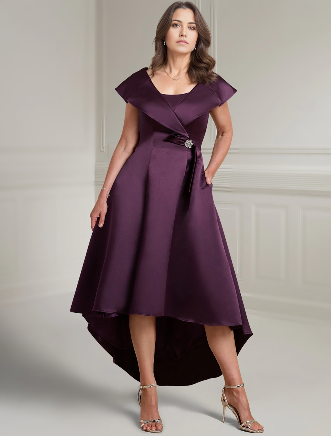 Purple A-line Mother of the Bride dress with V-neck and short sleeves, front view.