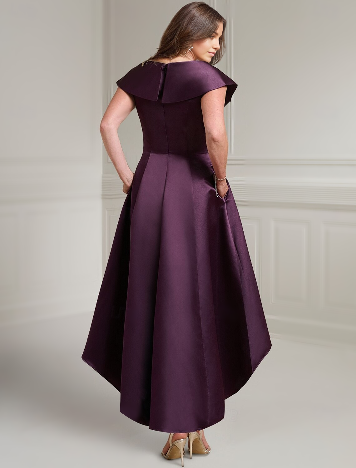 Side view of the elegant purple satin A-line dress, highlighting its asymmetrical design.