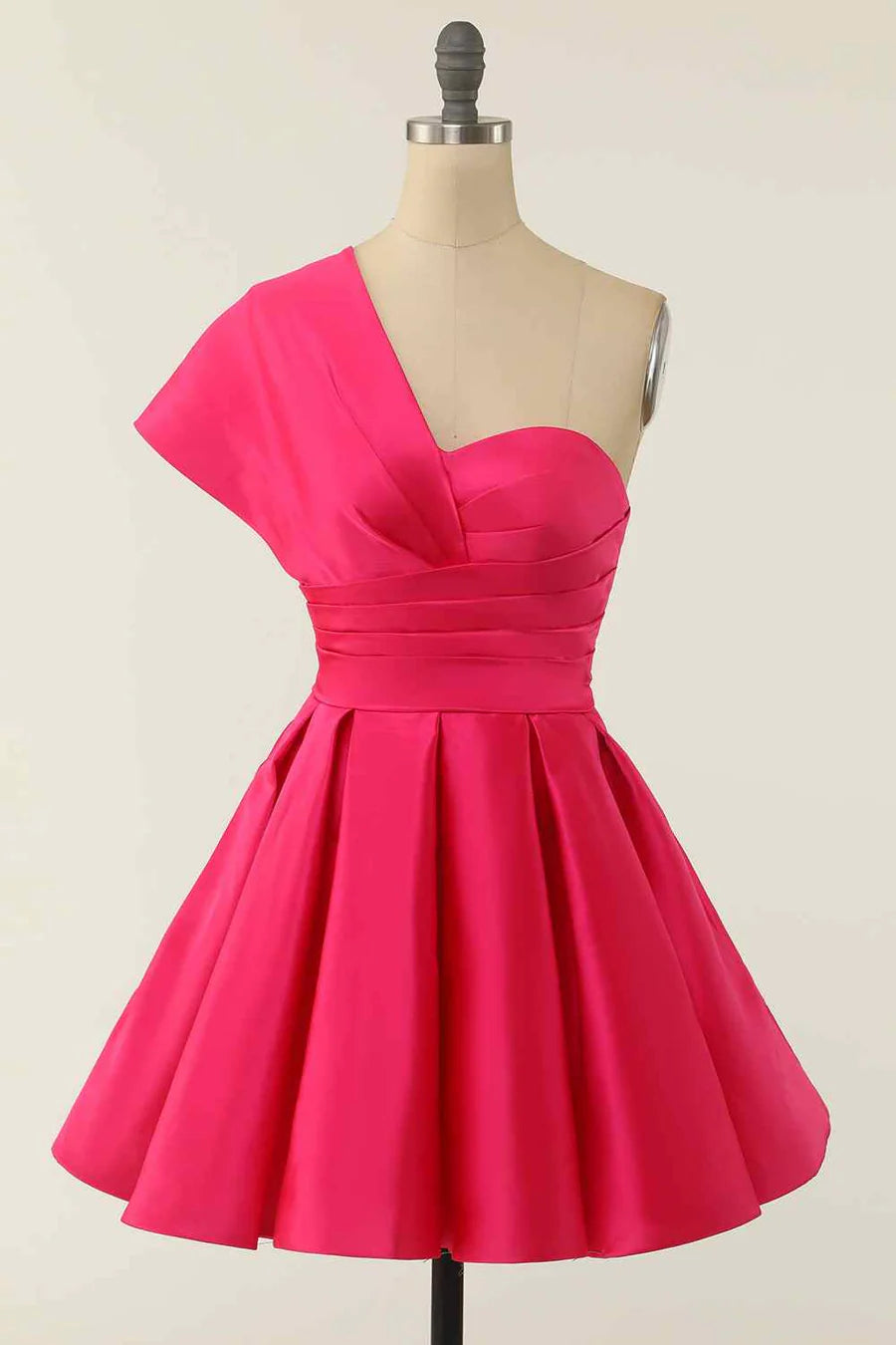 Model wearing an elegant A-line asymmetrical pleated V-neck short homecoming dress.