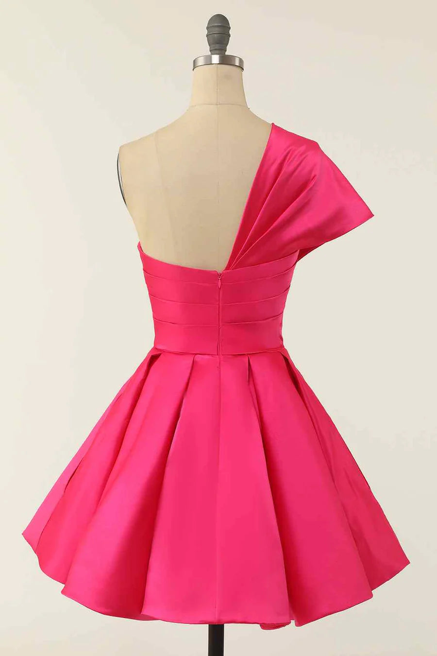 Back view of the A-line asymmetrical pleated V-neck short homecoming dress.