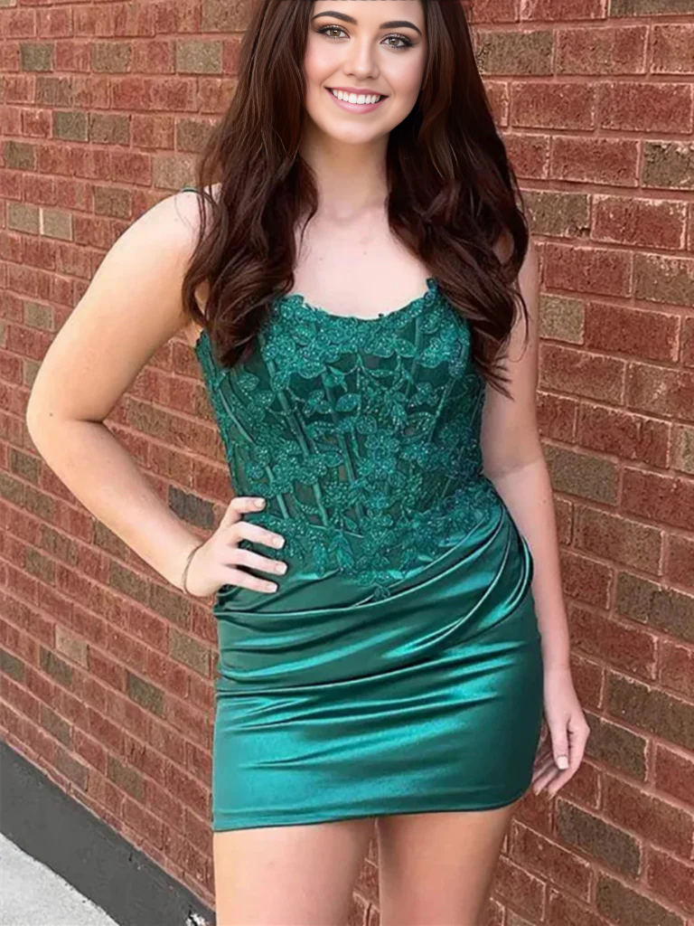 Woman wearing an elegant backless lace V-neck A-line prom dress.