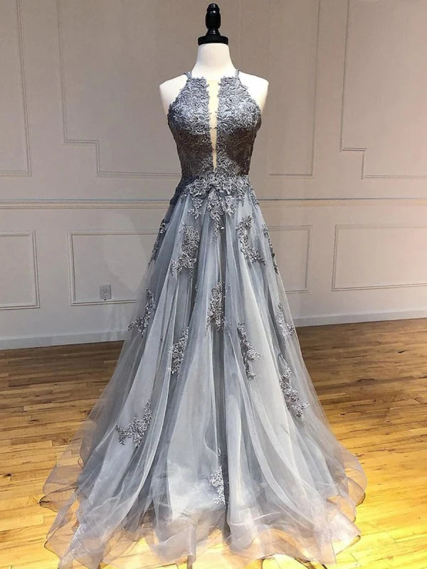 Elegant backless lace applique long prom dress.