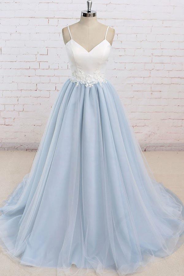 Elegant backless tulle prom gown with spaghetti straps and sweep train.