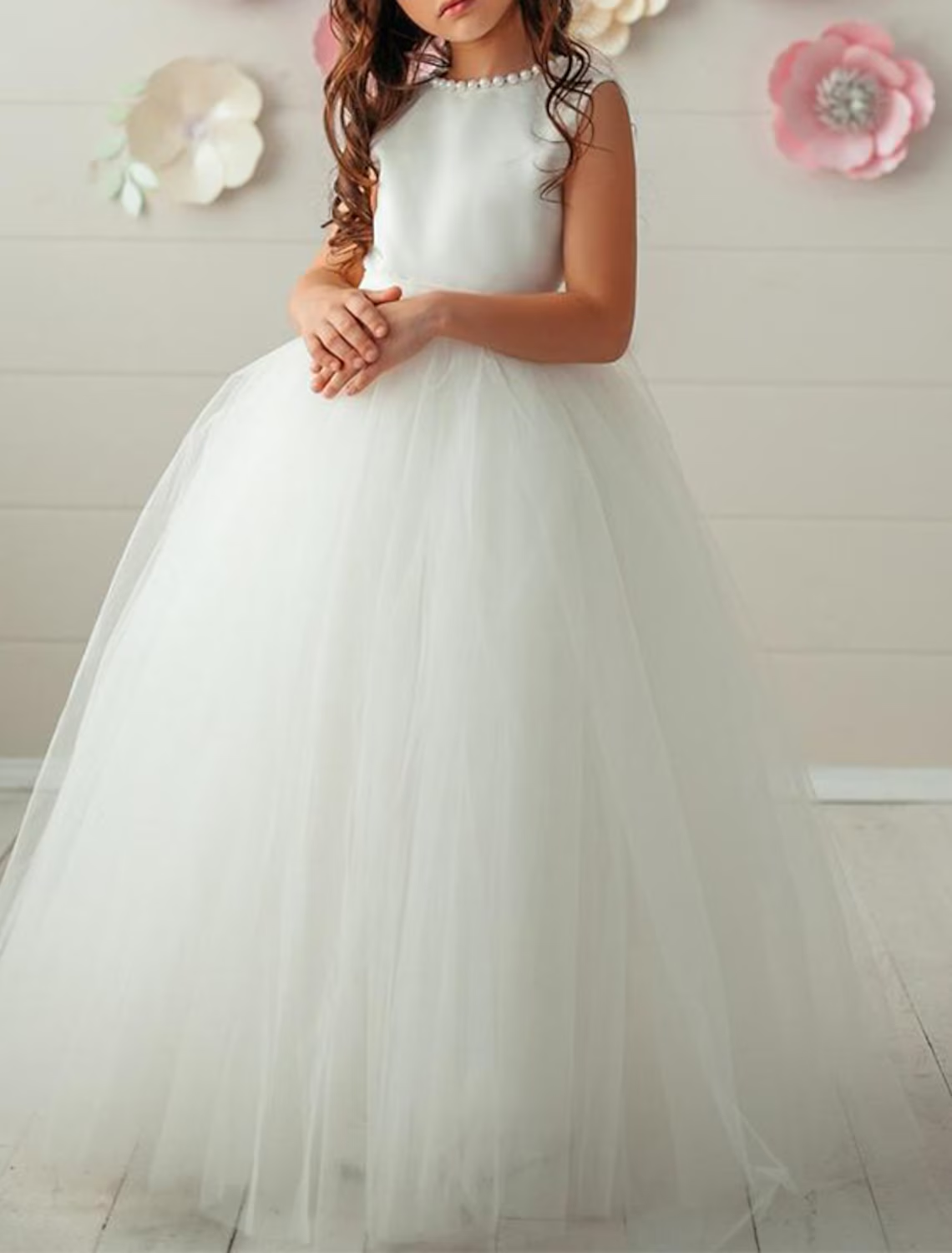 Full view of the satin ball gown flower girl dress, showcasing its graceful silhouette.