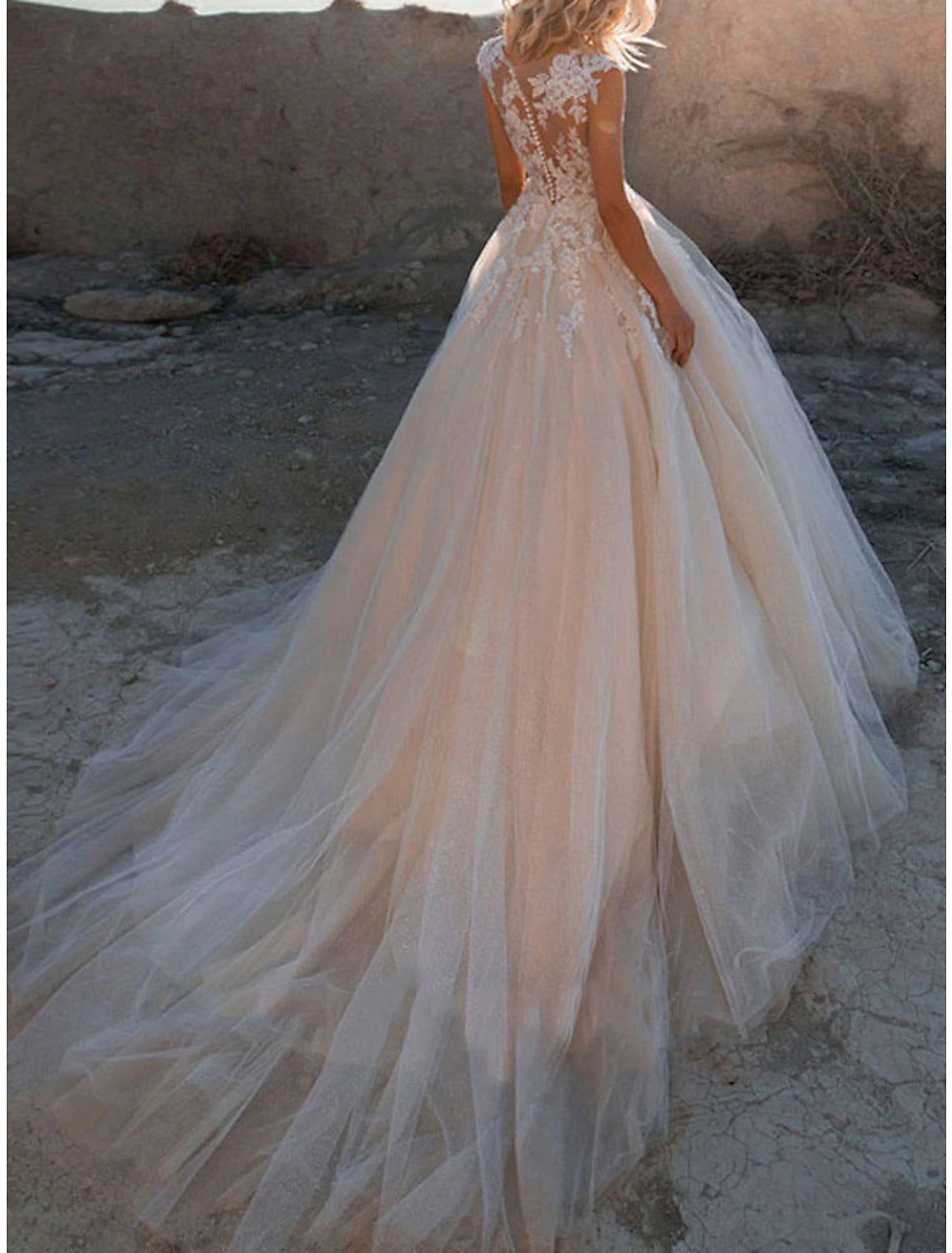 Back view of a lace wedding dress with button details and court train.