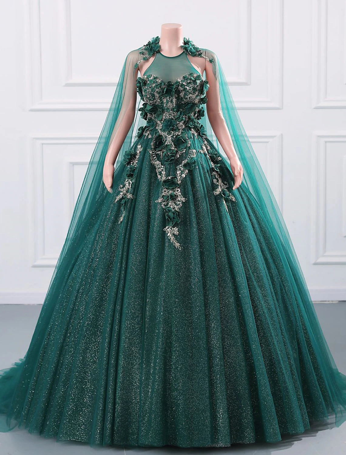 Elegant ball gown quinceanera dress with jewel neck and sequin appliques.