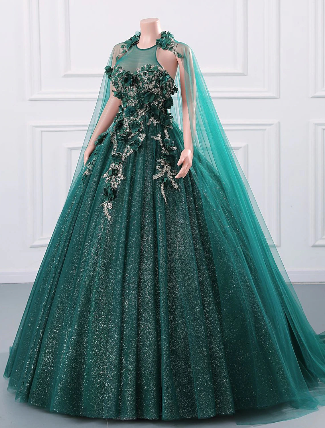 Close-up of sequin appliques and jewel neckline on the ball gown.