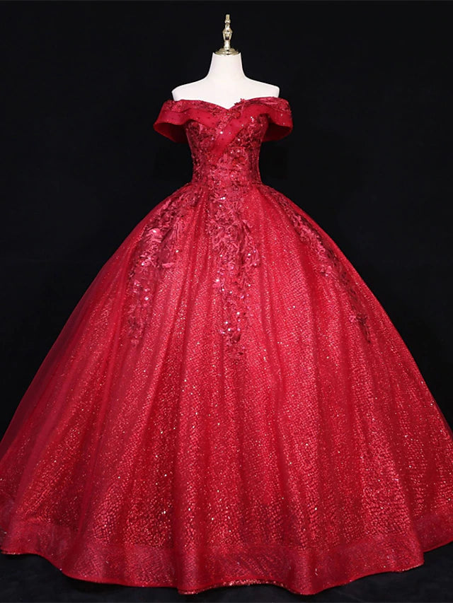 Elegant off-shoulder ball gown quinceanera dress with appliques.