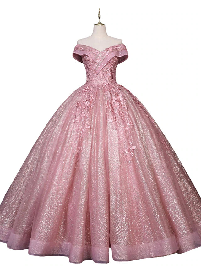 Floor-length princess quinceanera dress featuring off-shoulder design and intricate appliques.
