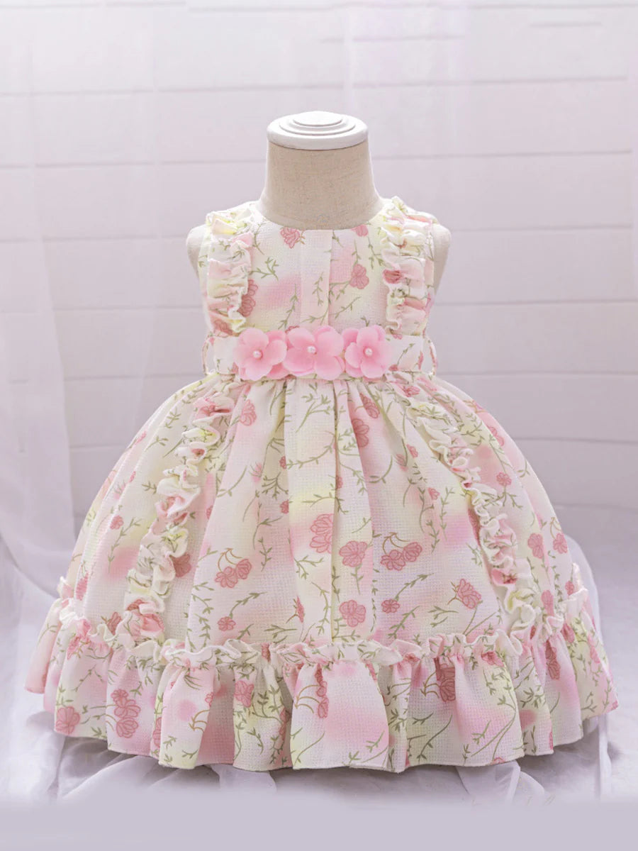 Full view of an elegant Ball Gown Flower Girl Dress with a scoop neck and ruffles.