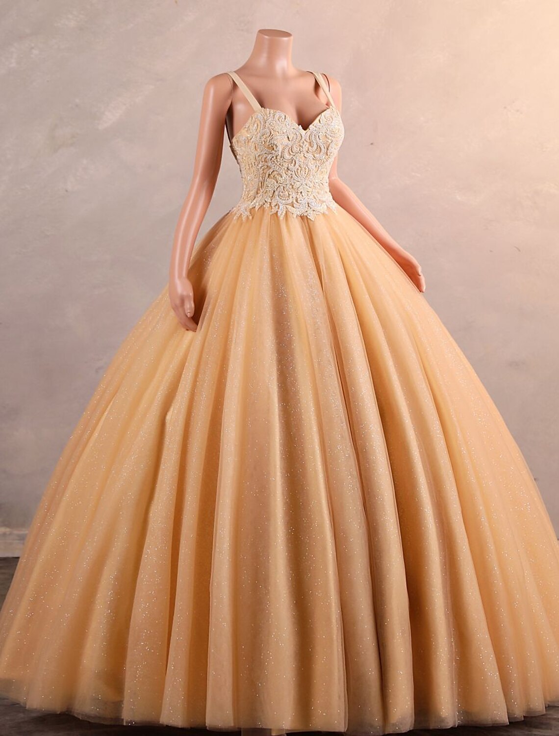 Detail of the sweetheart neckline and bodice of the Quinceanera gown.