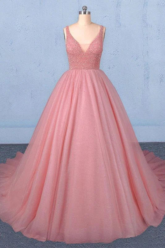 Elegant V-neck ball gown Quinceanera dress with tulle and bead embellishments.