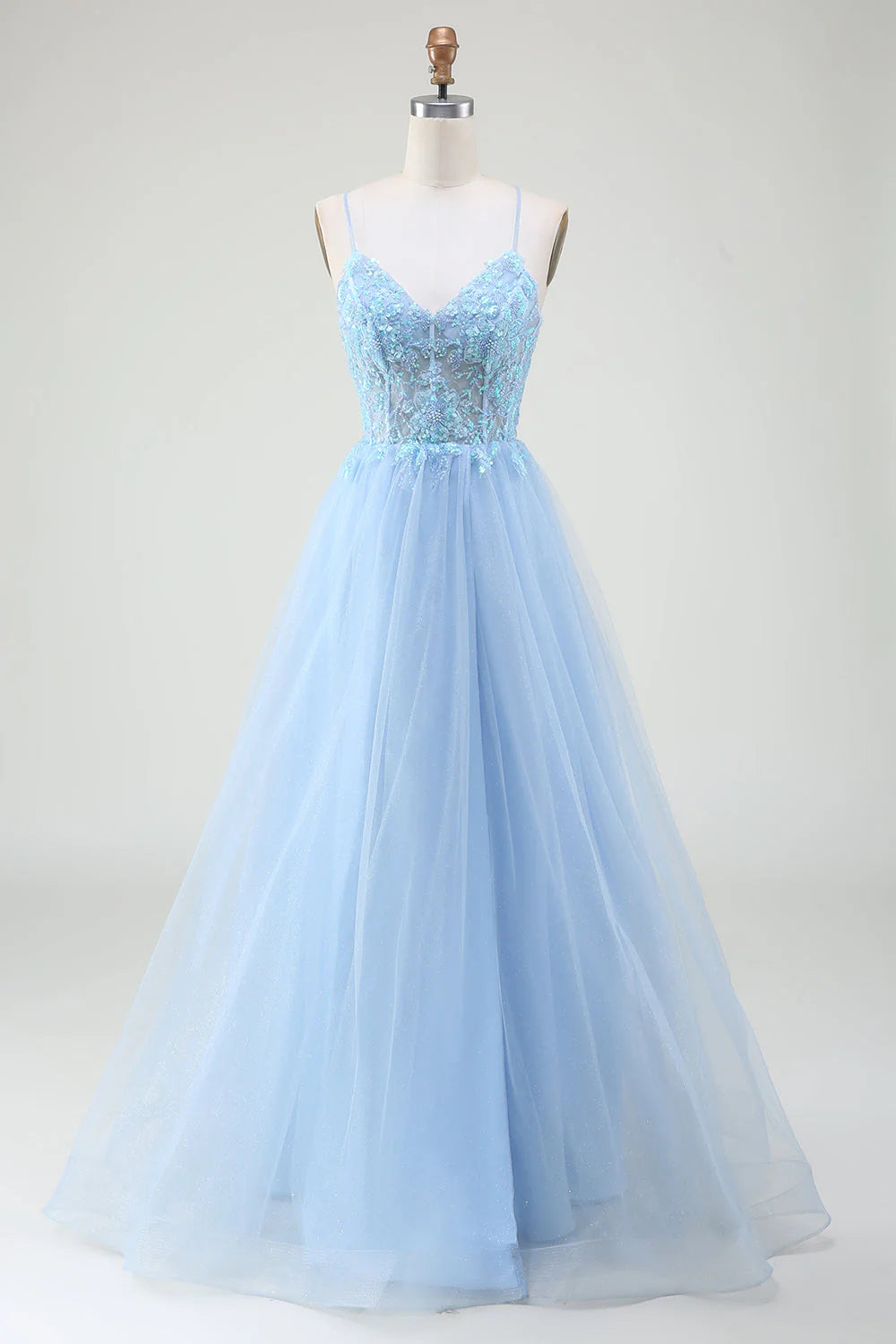 Light blue beaded corset prom dress, front view.
