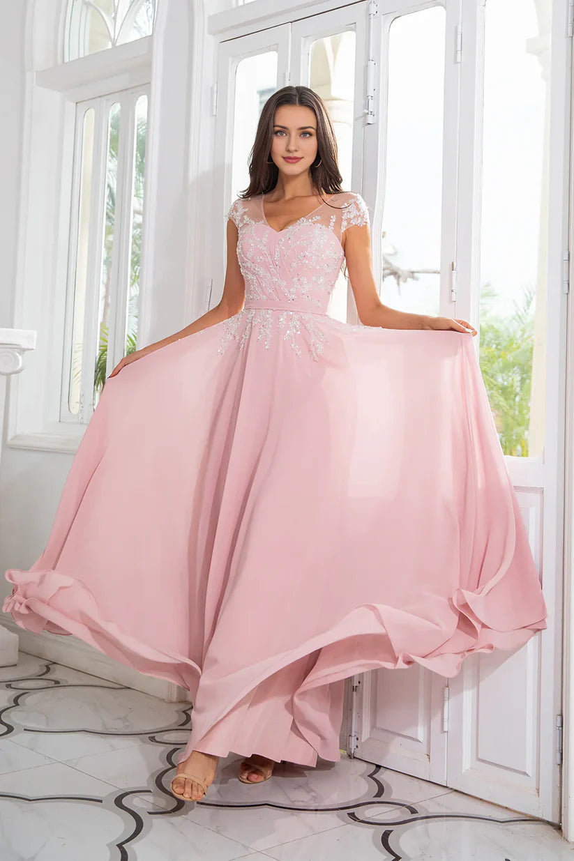 Elegant beaded chiffon A-line V-neck mother of the bride dress.