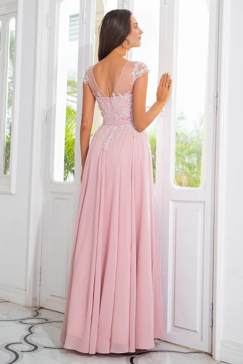 Back view of the flowing A-line beaded chiffon dress.