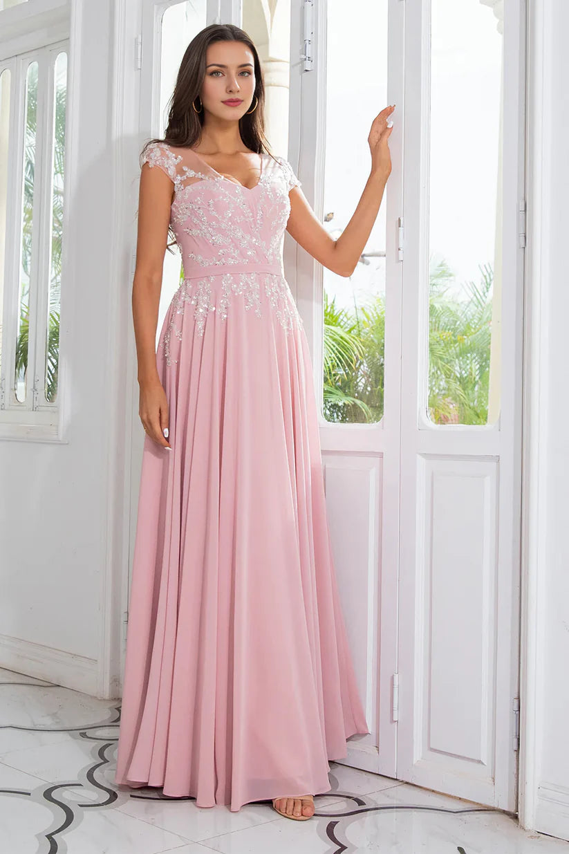 Close-up of the intricate beading on the V-neck chiffon dress.