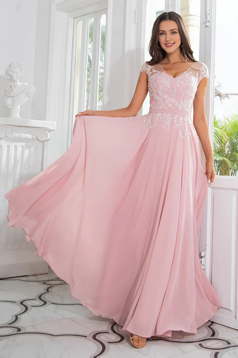 Side profile of the long A-line mother of the bride gown.