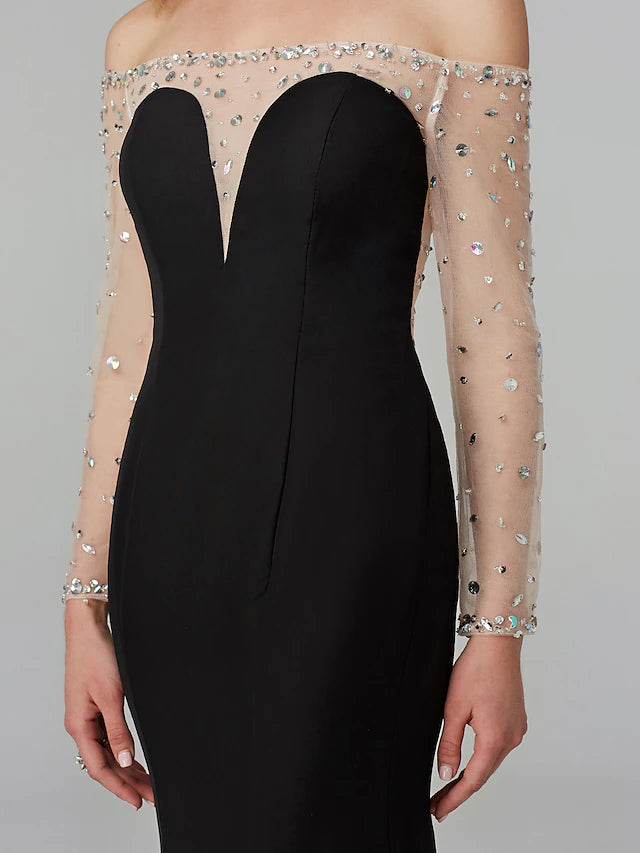 Back view of the beaded chiffon mermaid gown, highlighting the floor-length design.