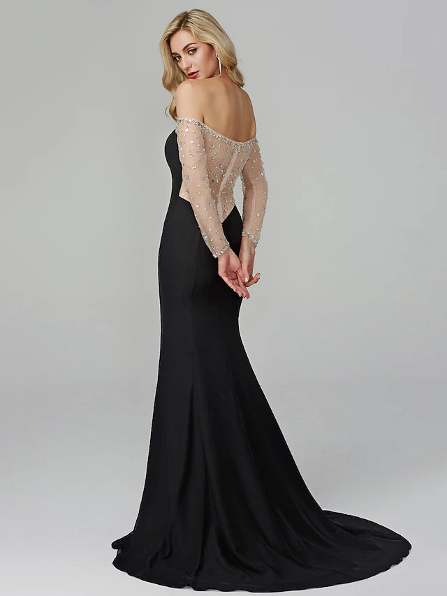 Elegant mermaid trumpet dress with off-shoulder neckline and long sleeves.