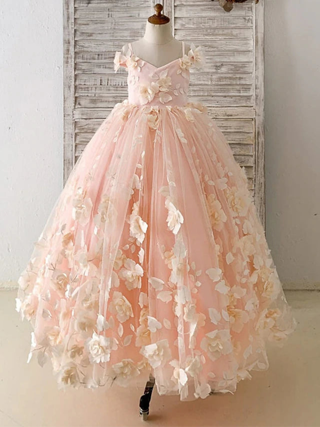 Front view of an elegant white princess floor length flower girl dress with floral beading.