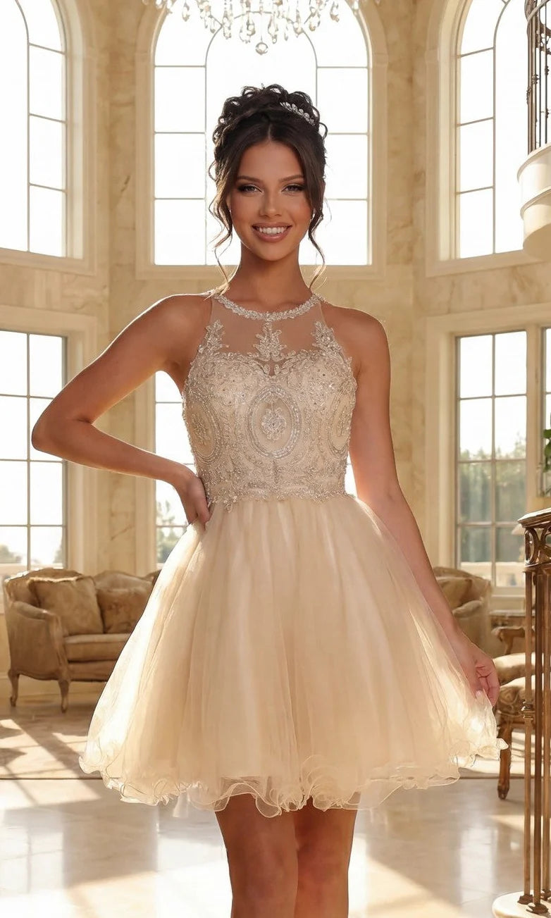 Champagne A-line homecoming dress with beaded halter neckline and tulle skirt.