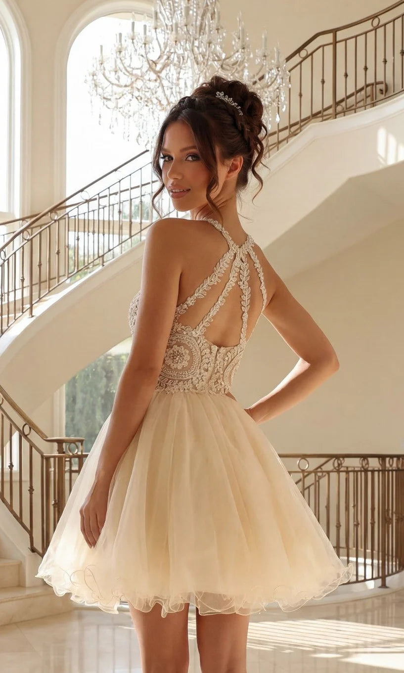 Back view of champagne formal dress featuring a halter neckline and flowing A-line skirt.