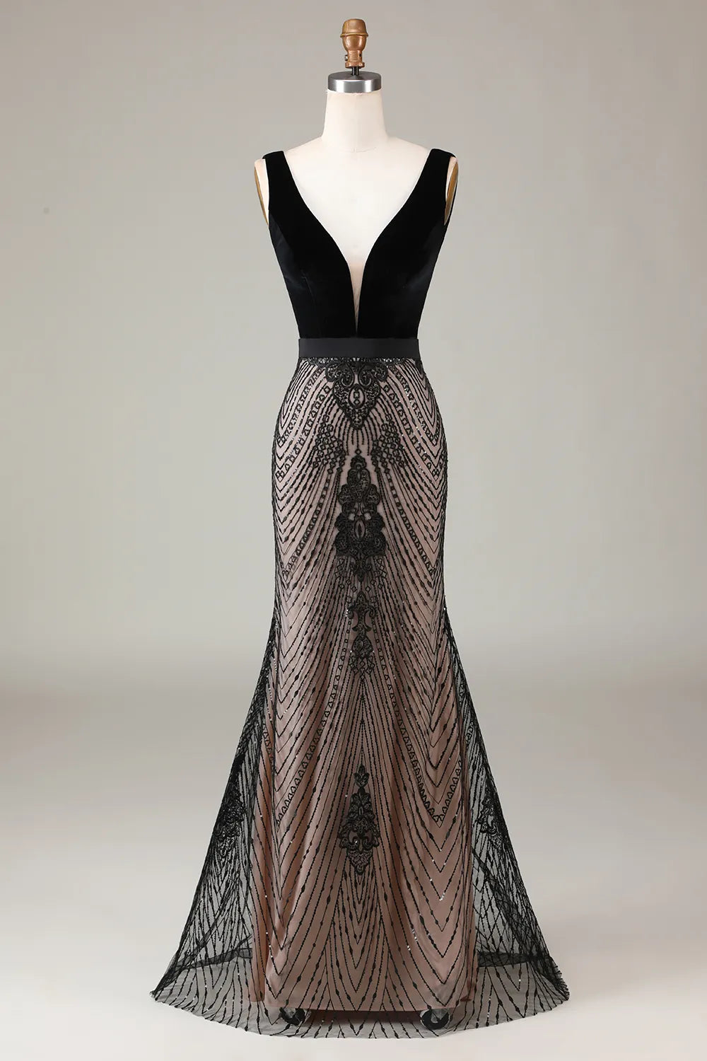 Elegant mermaid prom dress with deep V-neck and intricate beading.