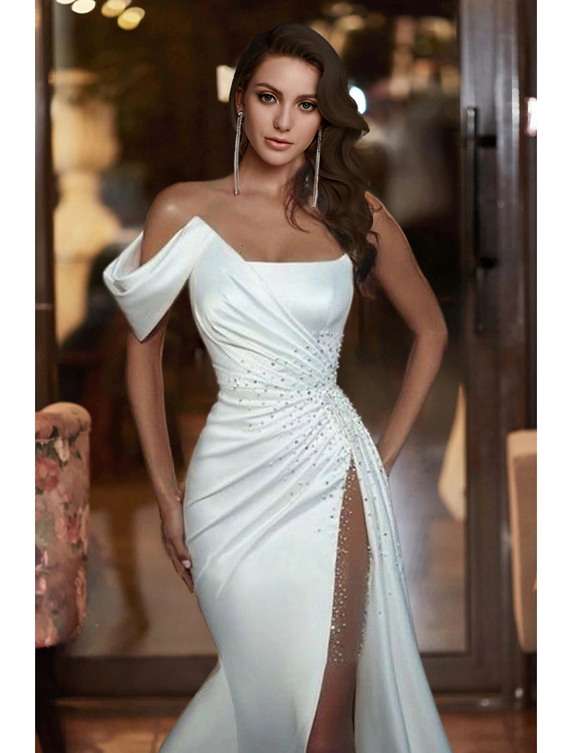 Back view of a formal satin bridal gown featuring a mermaid silhouette and delicate beading.