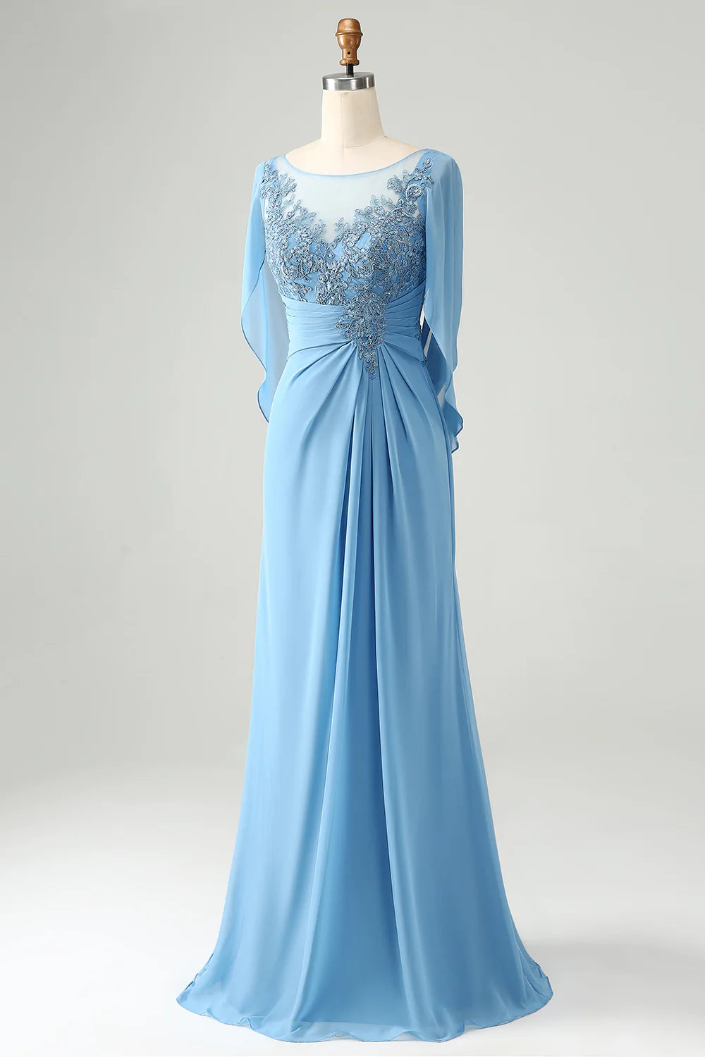 Back view of the blue mermaid mother of the bride dress, highlighting the elegant train and V-neck design.