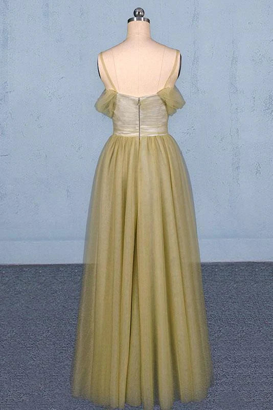 Back view of the elegant spaghetti strap floor-length tulle prom gown.