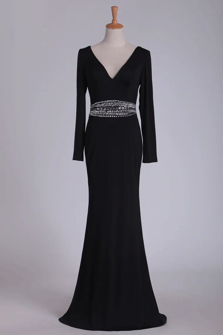 Elegant A-line Mother of the Bride dress with V-neck and long sleeves.