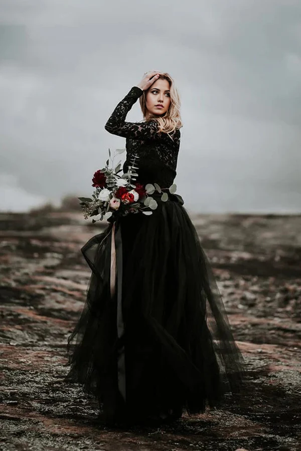 Front view of an elegant black A-line V-neck wedding dress with lace appliques.
