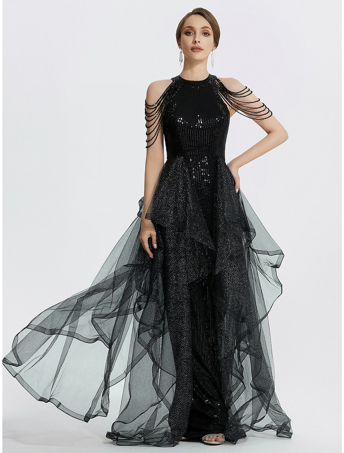 Black mermaid trumpet prom dress with jewel neck and short sleeves.