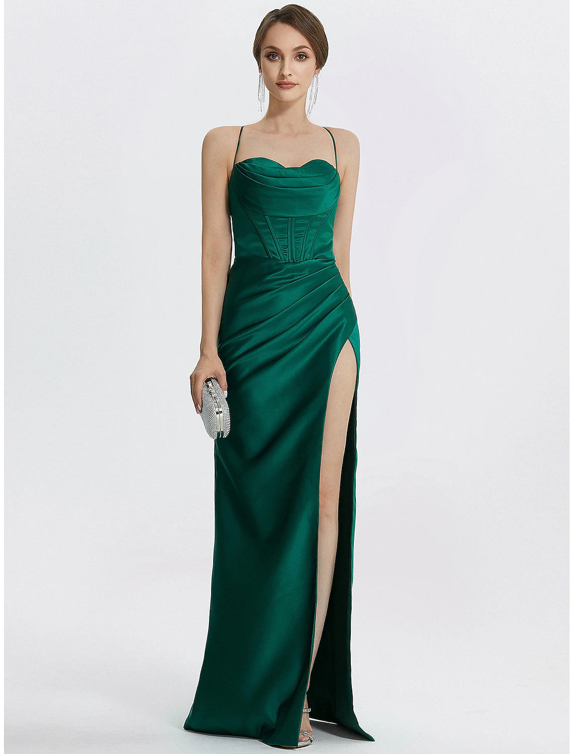 Black mermaid trumpet prom dress with cowl neck and ruched slit.