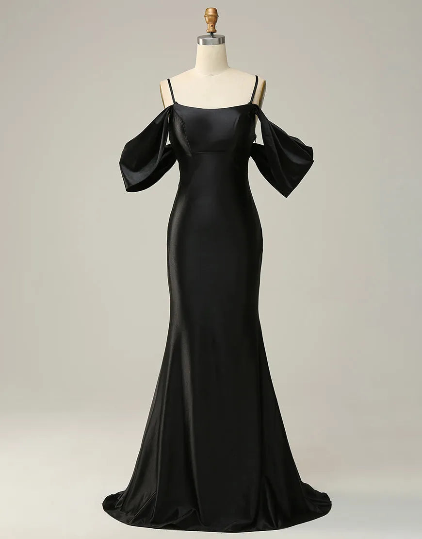 Black off-shoulder long satin prom dress with criss-cross back.