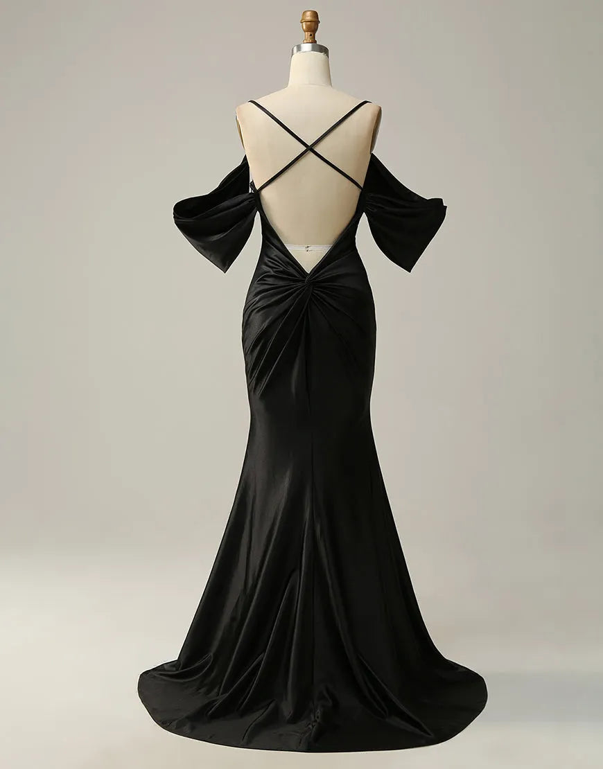 Back view of black off-shoulder satin prom dress showing criss-cross detail.