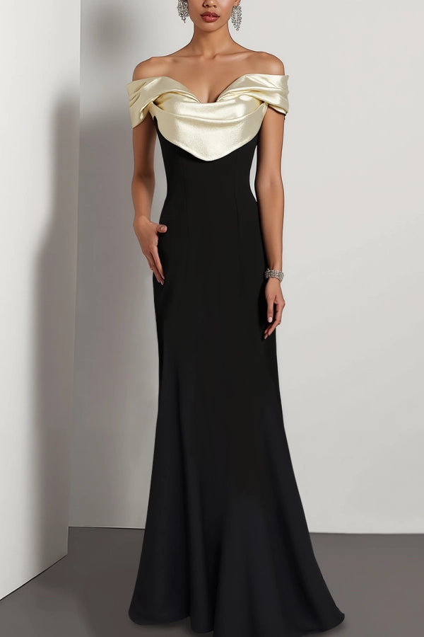 Elegant black satin mermaid maxi dress with off-the-shoulder neckline.