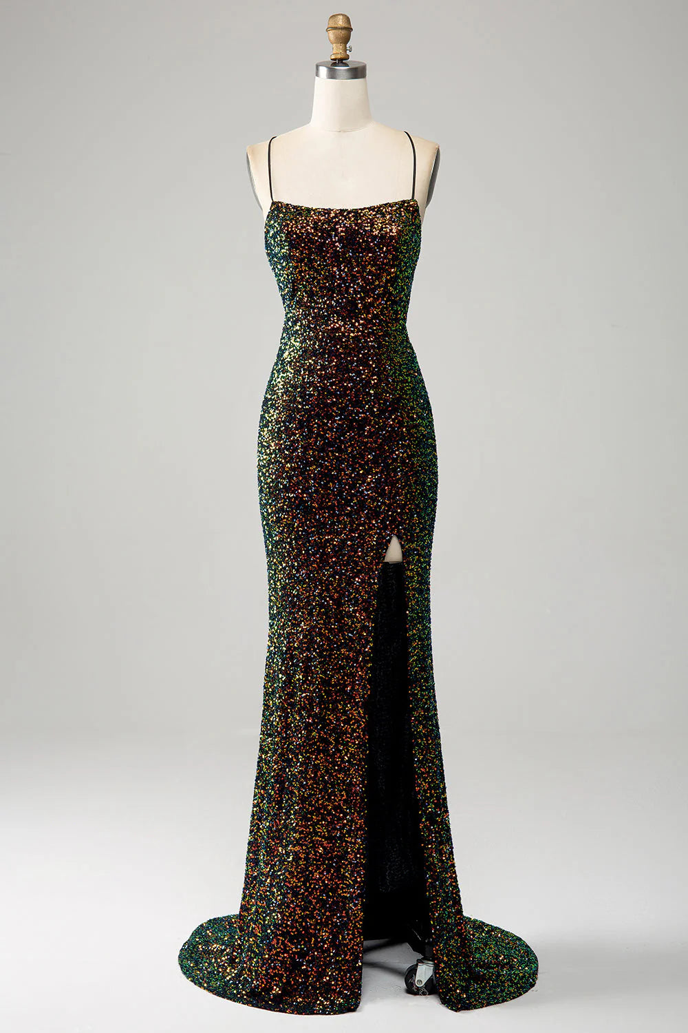 Front view of a black sequin mermaid prom dress with spaghetti straps and a thigh-high slit.