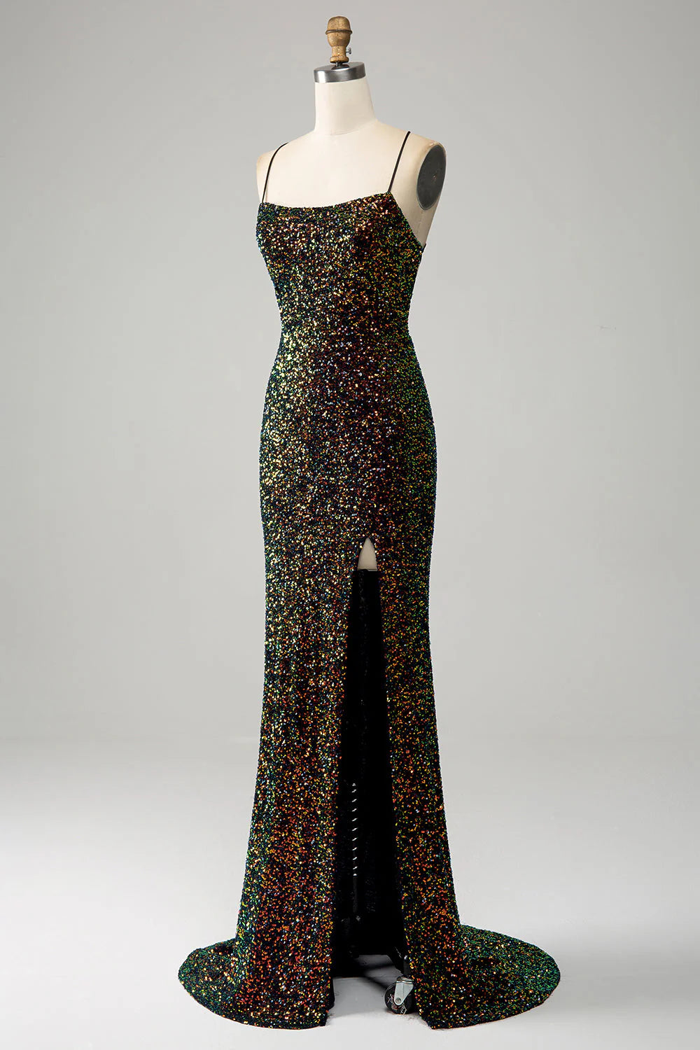 Back view of the black sequin mermaid prom dress, highlighting the elegant silhouette.