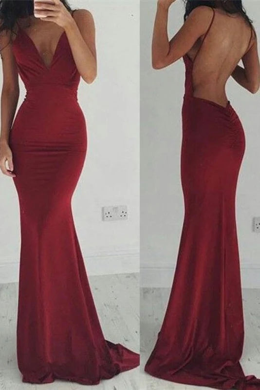 Elegant black V-neck backless maxi evening gown with spaghetti straps.