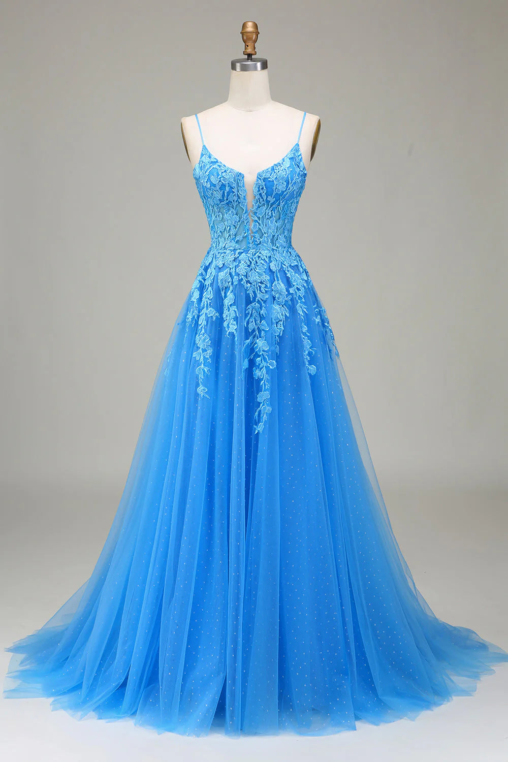 Elegant blue A-line tulle prom dress with spaghetti straps and appliques.