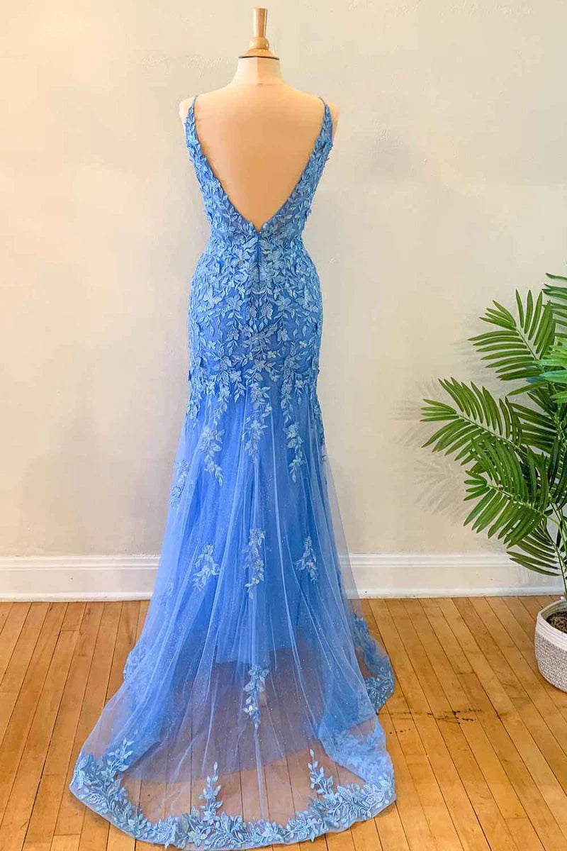 Front view of a blue V-neck mermaid evening gown.