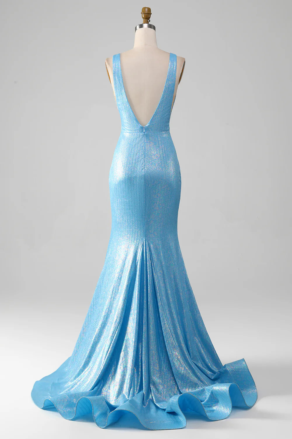 Blue mermaid V-neck formal gown, side profile.