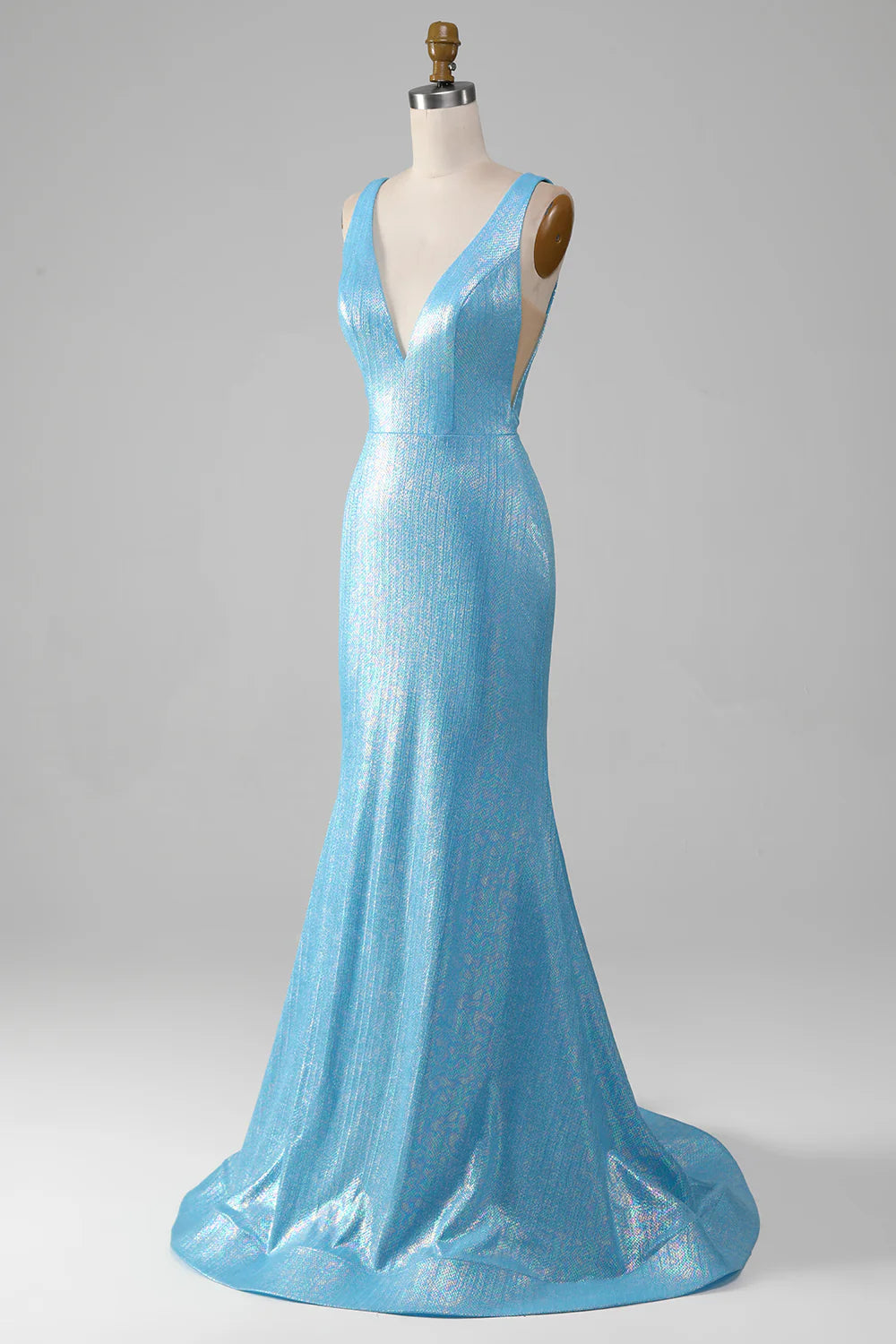 Sophisticated blue mermaid prom dress, back view.