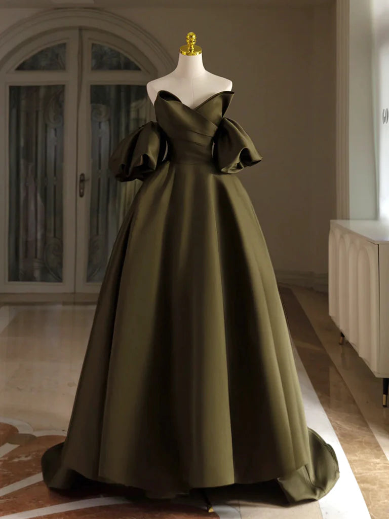 Blush A-line satin long prom dress with puff sleeves.