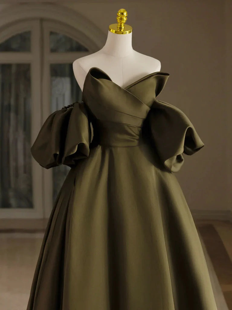Back view of the long A-line blush prom dress with puff sleeves.