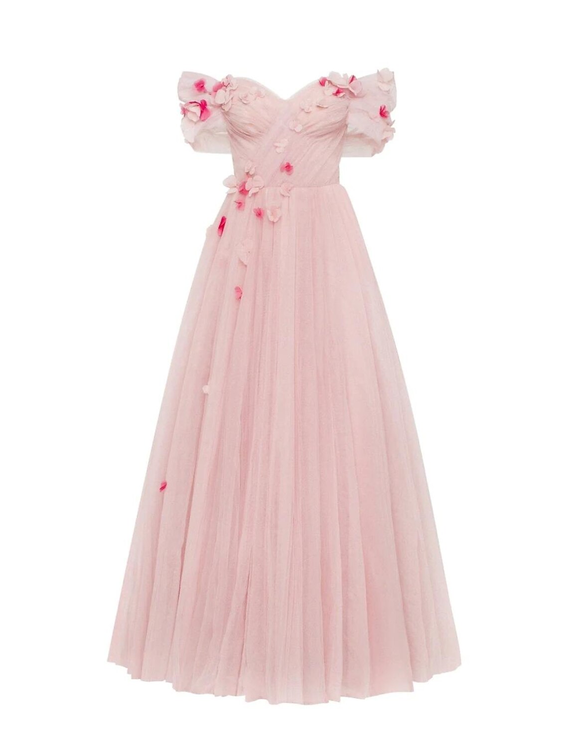 Blush off-shoulder ball gown with floral appliques and flowing tulle skirt.