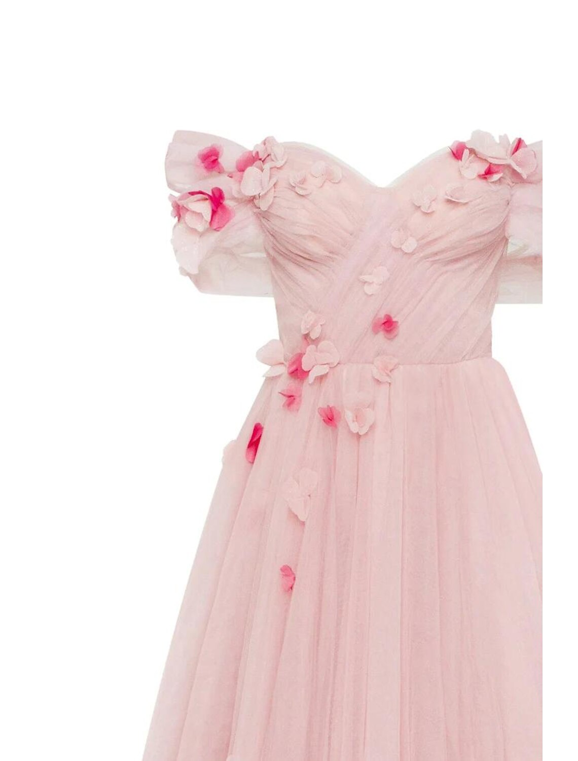 Back view of blush off-shoulder floral applique Quinceanera dress.
